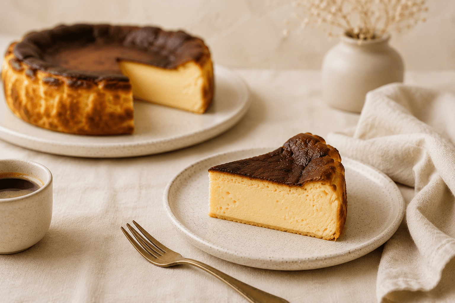 A slice of Basque burnt cheesecake on a cream stoneware plate with espresso, brass fork and the whole cake softly blurred behind