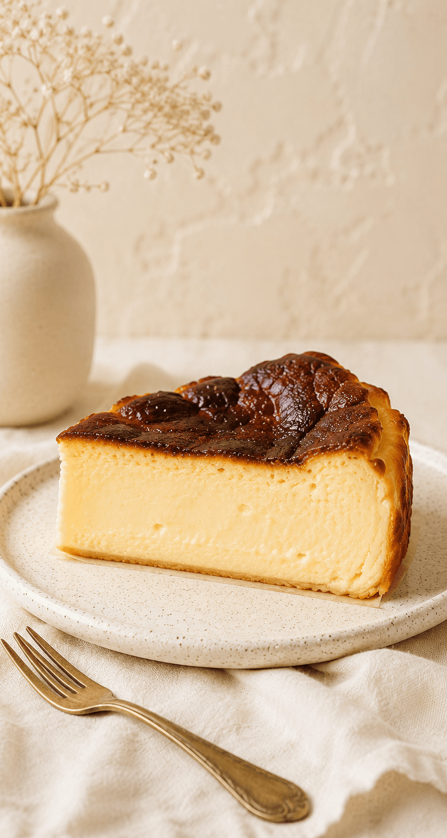 A slice of Basque burnt cheesecake showing the caramelised mahogany top, pale silken custard interior and parchment-folded edge