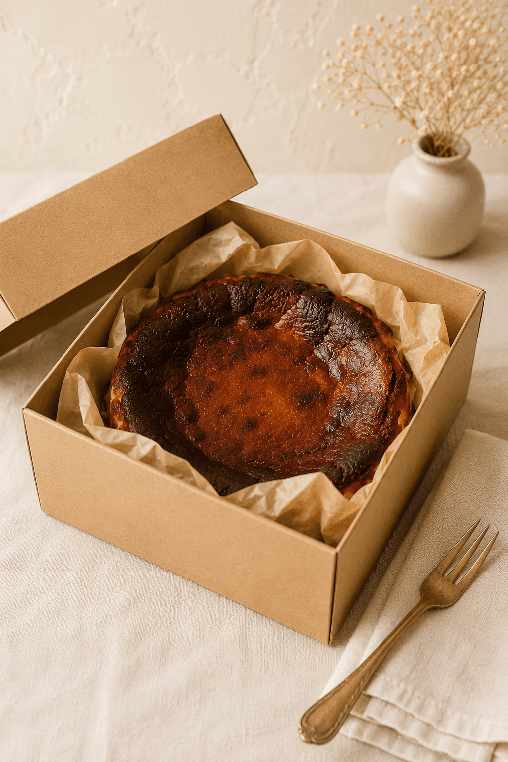 A Basque burnt cheesecake nested in unbleached parchment inside an open kraft cardboard shipping box, with a brass fork and cream linen napkin alongside